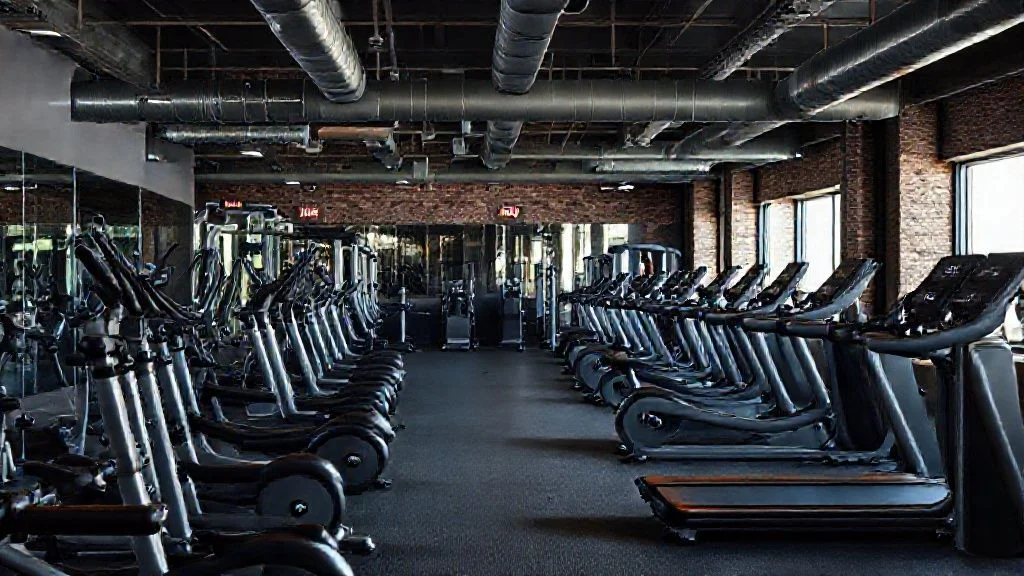 Subtly blurred background of high-performance gym equipment, metallic sheen